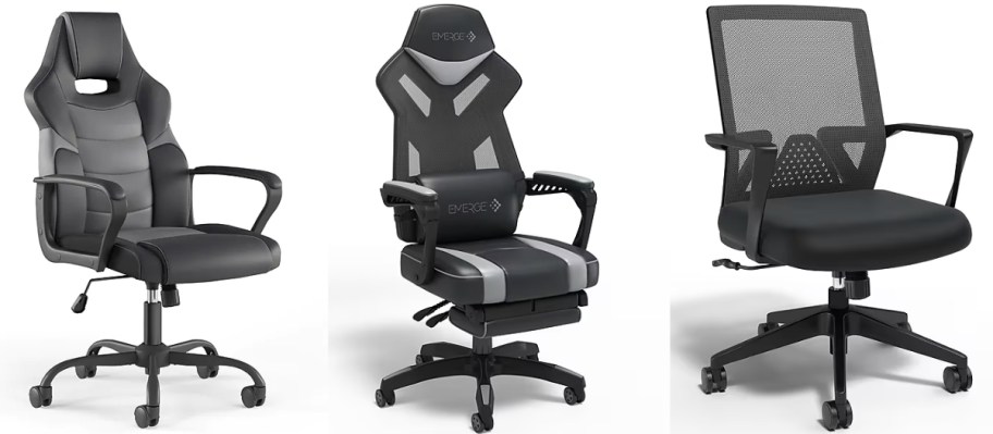 two gaming chairs and an office chair