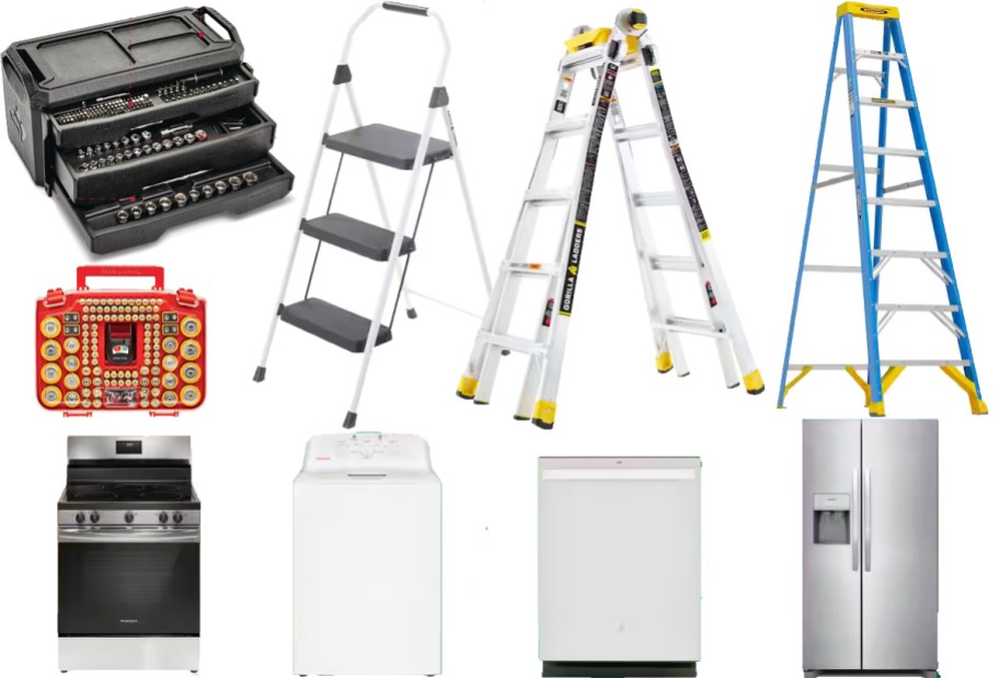 mechanics tool set, battery organizer, ladders, and appliances