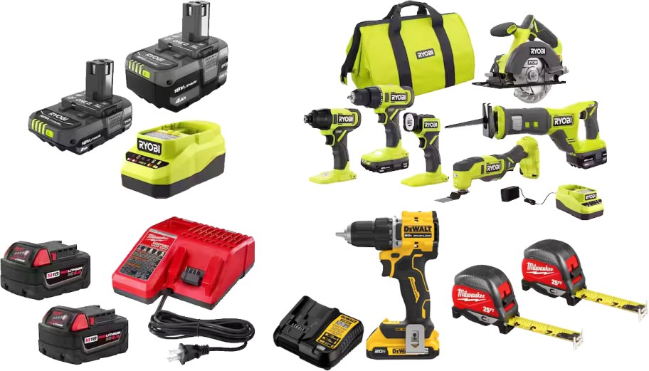 various ryobi, milwakee, and dewalt tools