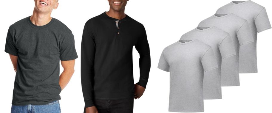 2 men wearing gray and black shirts beside 4 gray tee shirts