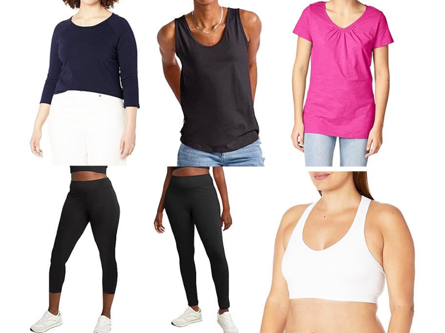 hanes shirts, leggings, and sports bras in various colors