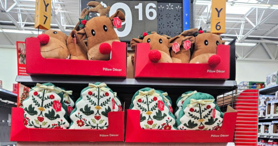 Holiday Time Christmas Pillows on display at Walmart