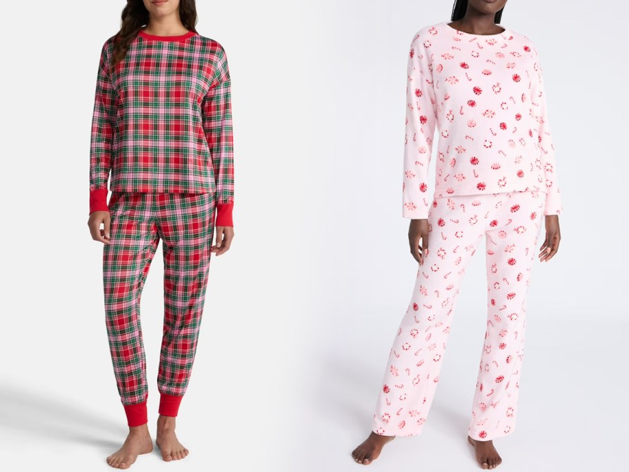 Holiday Time Women's Long Sleeve Crew Neck Sleep Top & Jogger Pants Pajama Set and Joyspun Women's Giftable Plush Long Sleeve Top and Pants Pajamas