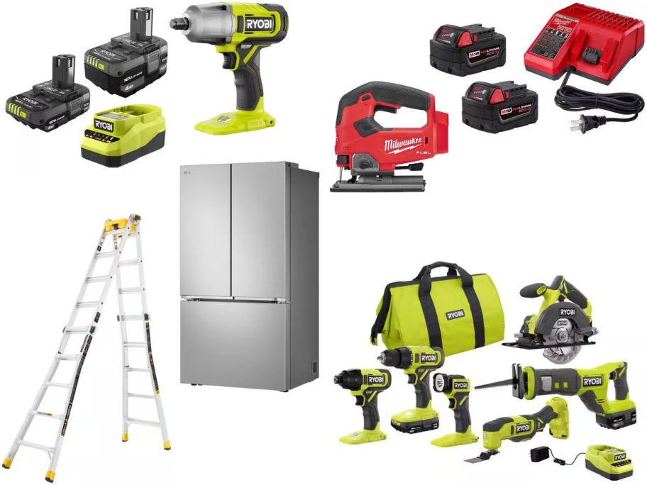 Stock images of a ladder, a refrigerator, ryobi tools, and milwaukee tools