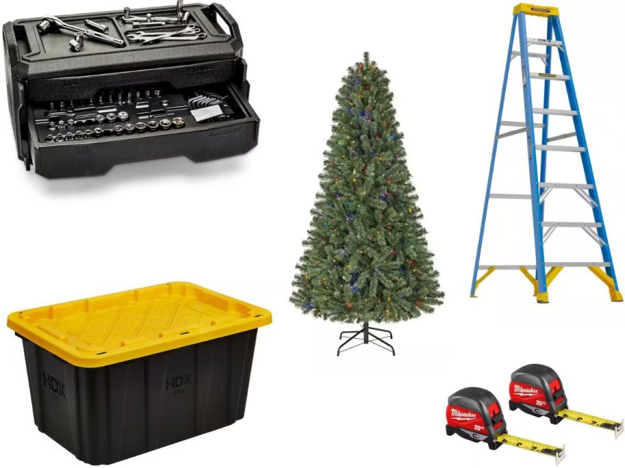 Stock images of a tote, a mechanics tool set, an artificial christmas tree, a ladder and two milwaukee tape measures
