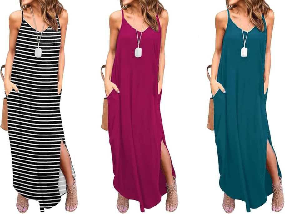 Stock images of 3 women wearing strappy maxi dresses