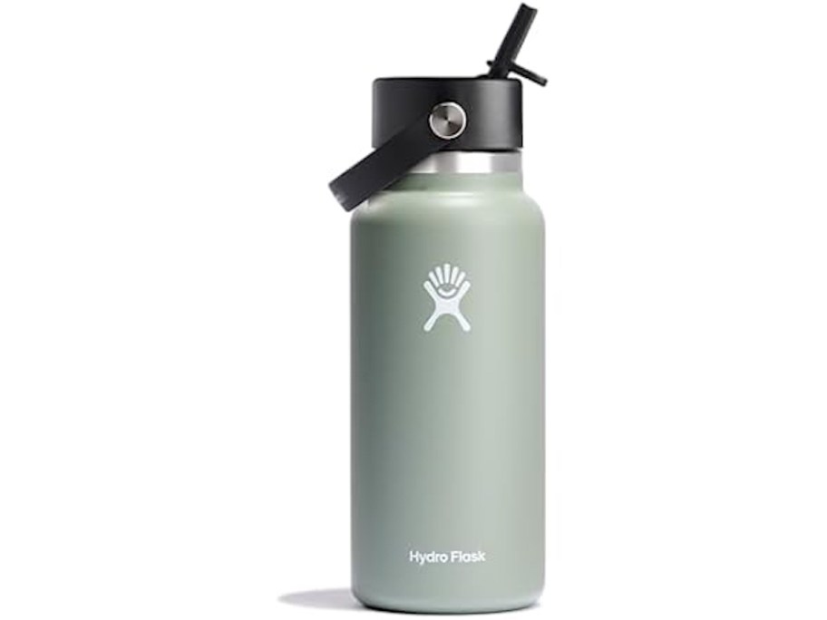 Stock photo of light green Hydro flask widemouth water bottle with straw cap 