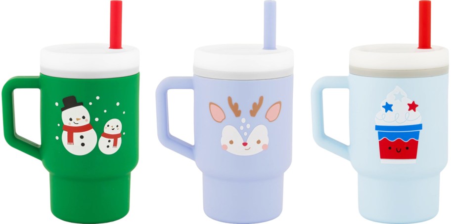 mini baby tumblers with snowman, reindeer, and ice cream designs