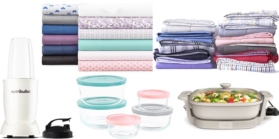 sheet and comforter sets, nutribullet, pyrex set, and electric skillet