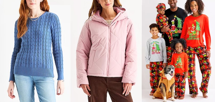 woman in a blue sweater, woman in a pink puffer coat, and family in matching christmas pajamas