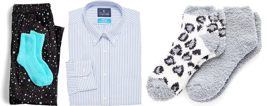 pajama pants, mens dress shirt, and pairs of fuzzy socks
