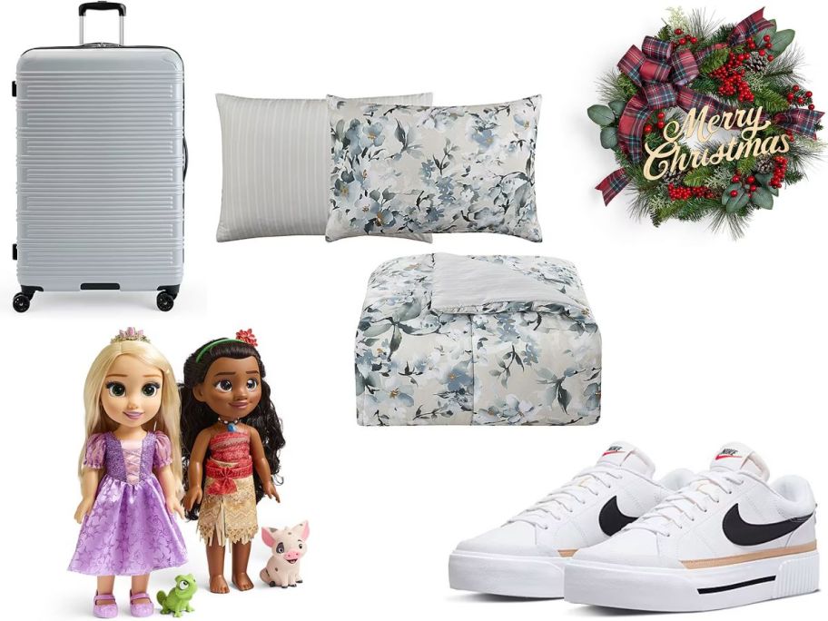 JCpenney Black Friday Sale items stock images of Disney Princess Dolls, hardside luggage, a 3-piece comforter set, a Christmas wreath and a pair of Nike Sneakers