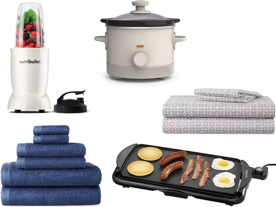 JCPenney Black Friday stock images of towels, sheets, a griddle, a Nutribullet Blender, and a mini slow cooker