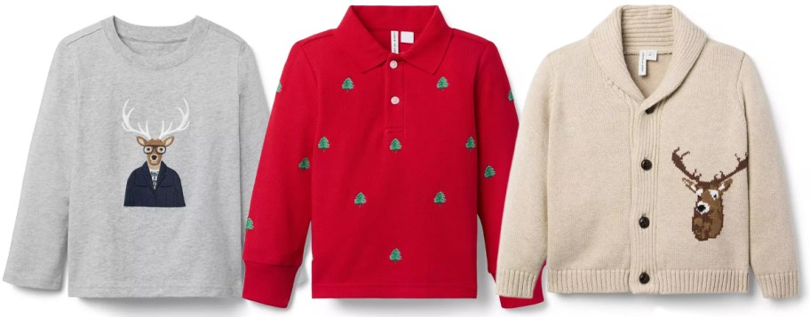 Janie and Jack Boys Dapper Deer Tee, Embroidered Tree Pique Polo, The Cozy Deer Cardigan