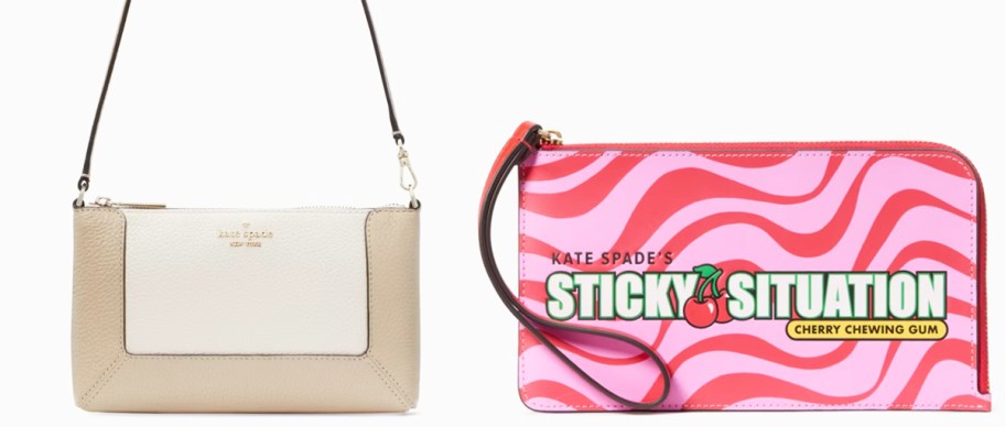 tan convertible wristlet and pink chewing gum themed wristlet