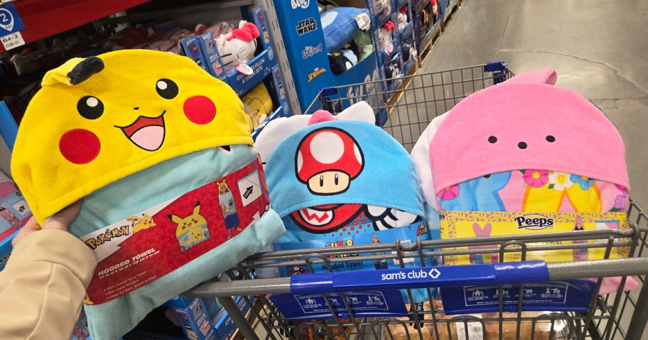Pokemon, Super Mario, and Peeps themed hooded towels in a shopping cart