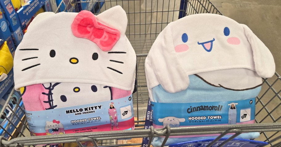 Hello Kitty and Cinnamoroll themed hooded towels in a shopping cart