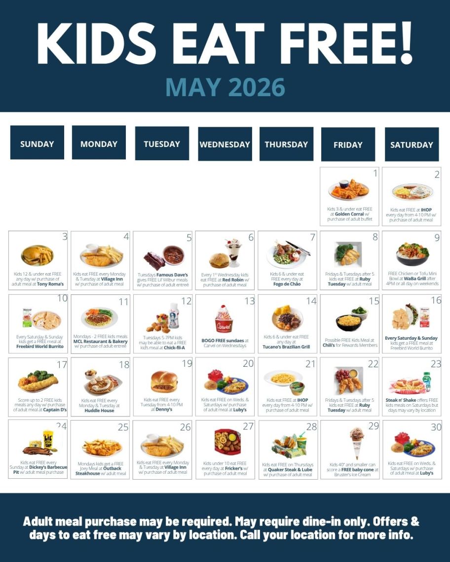 may month graphic with free kids food info
