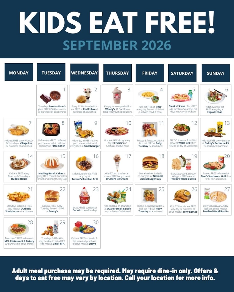 kids eat free september 2026 calendar