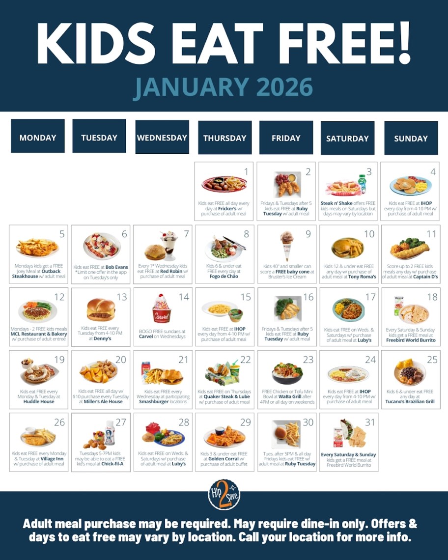 kids eat free calendar graphic for january 2026 with various daily deals