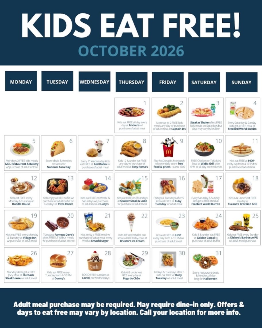 kids eat free calendar for october 2026 with tons of free meal ideas for kids