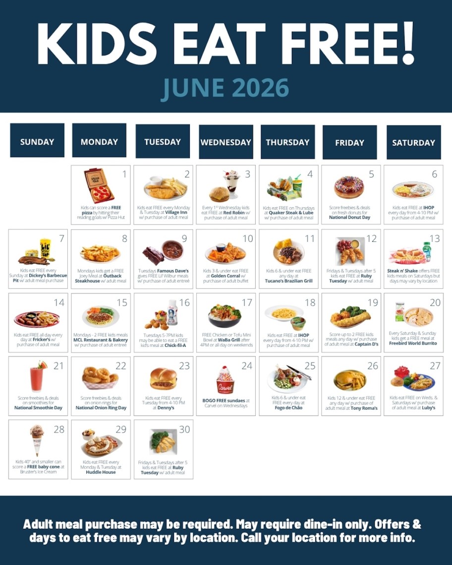june 2026 kids eat free calendar with various deals on kids meals all month long