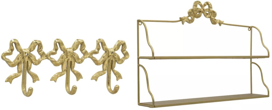 gold bow wall hooks and wall shelf