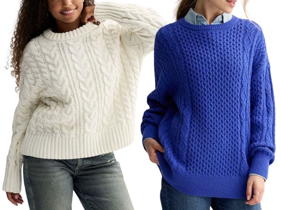 2 women wearing sweaters: one in white and the other in blue