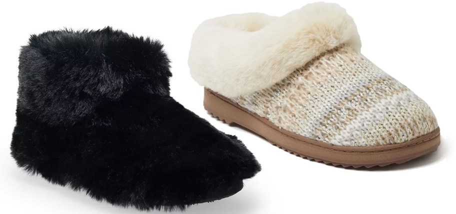 black fuzzy bootie and cream knit slipper