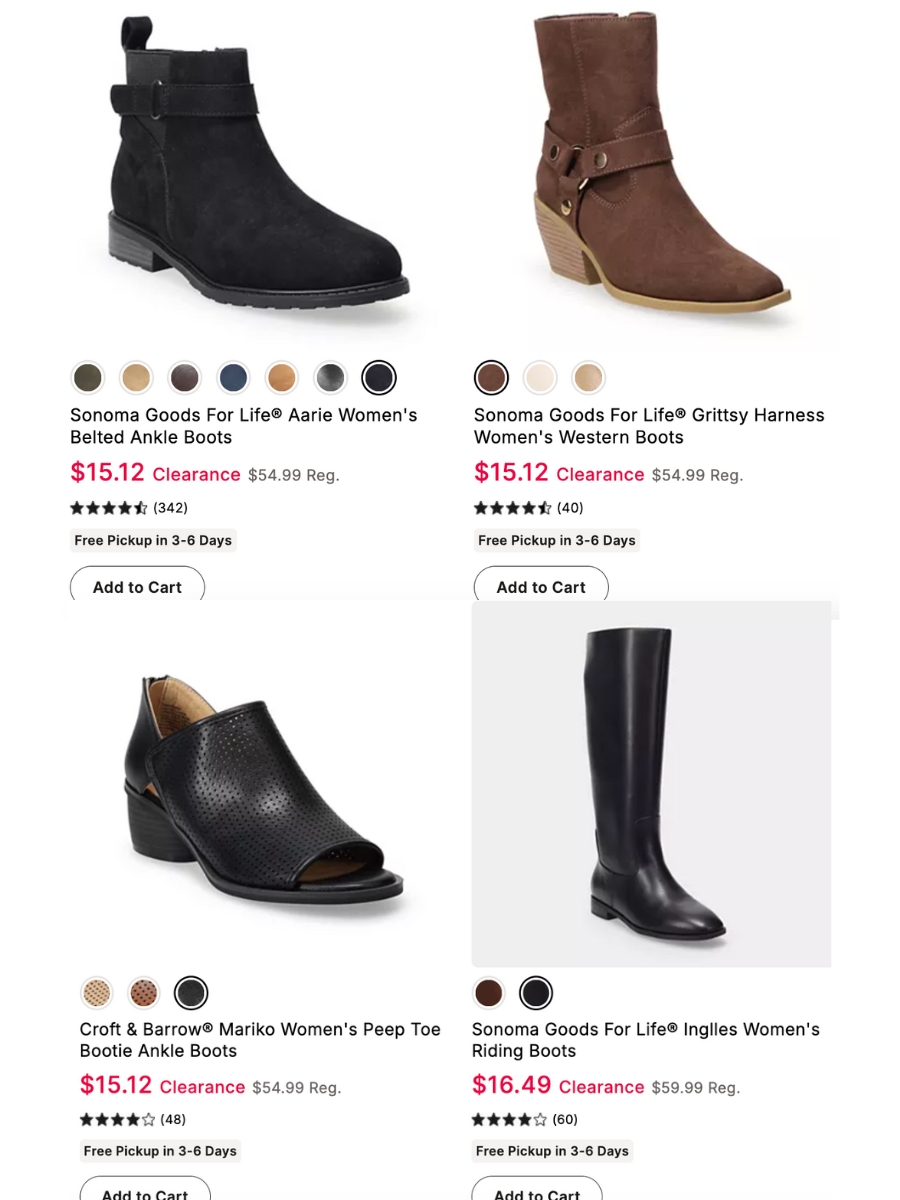 screenshot of kohl's women's boots on website