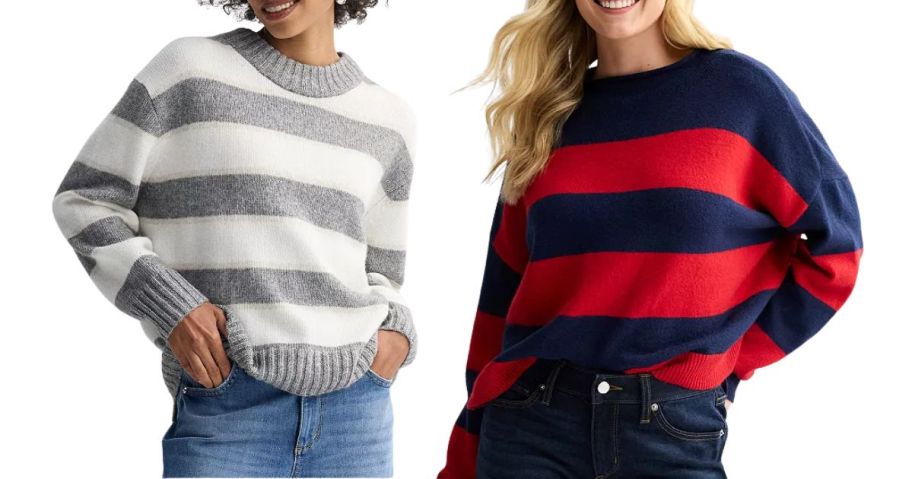 2 women in striped sweaters