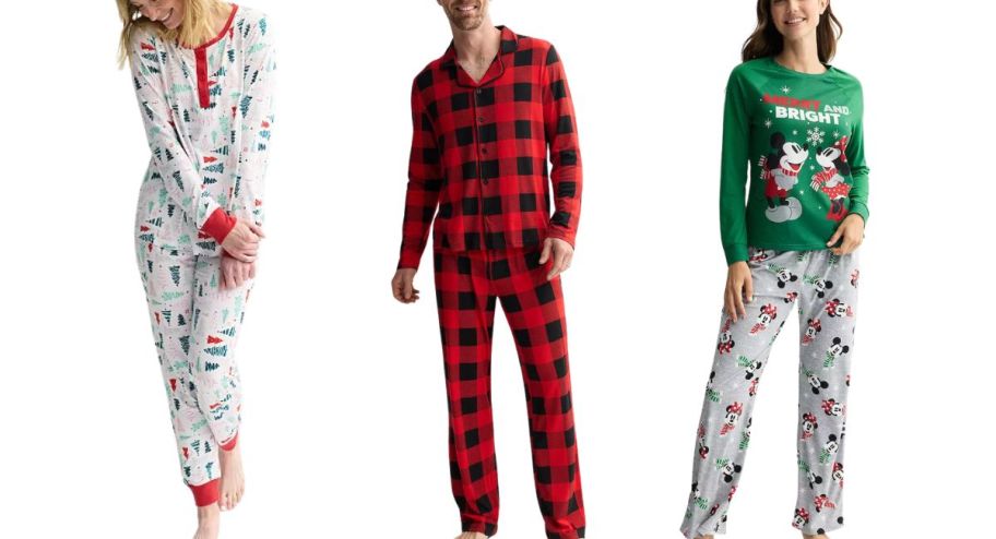 three different women and mens pajama sets