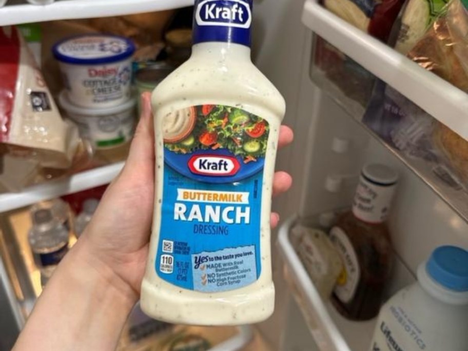 bottle of kraft buttermilk ranch dressing near refrigerator 