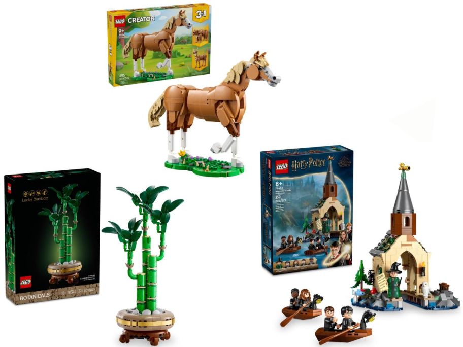 Stock images of 3 LEGO sets including Lucky Bamboo, Beautiful Horse and Harry Potter