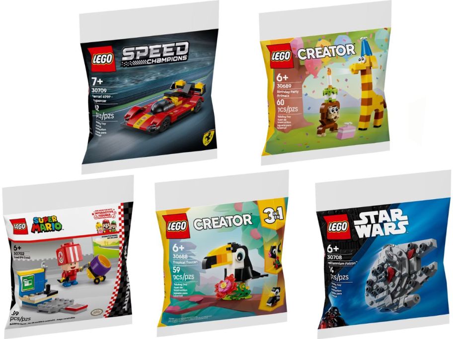 Stock images of five small bagged LEGO sets