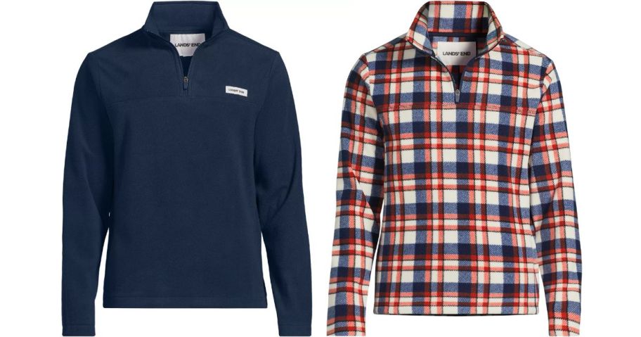 2 fleece shirts in blue and plaid
