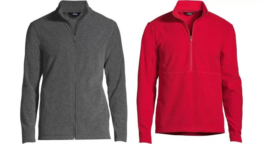 a gray and a red fleece jacket
