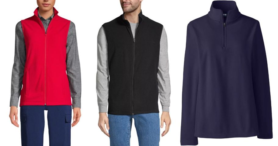 2 people wearing red and blue vests and a picture of a fleece jacket