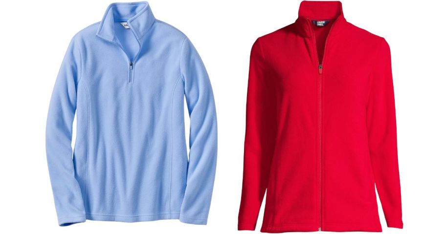 2 fleece shirts in blue and red