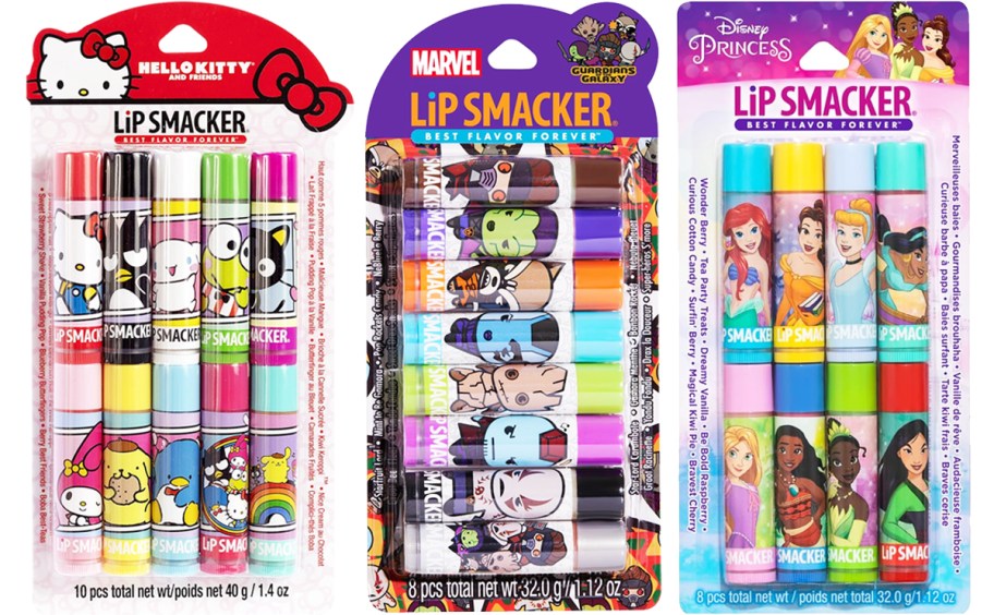 three variety packs of lip smackers balms 
