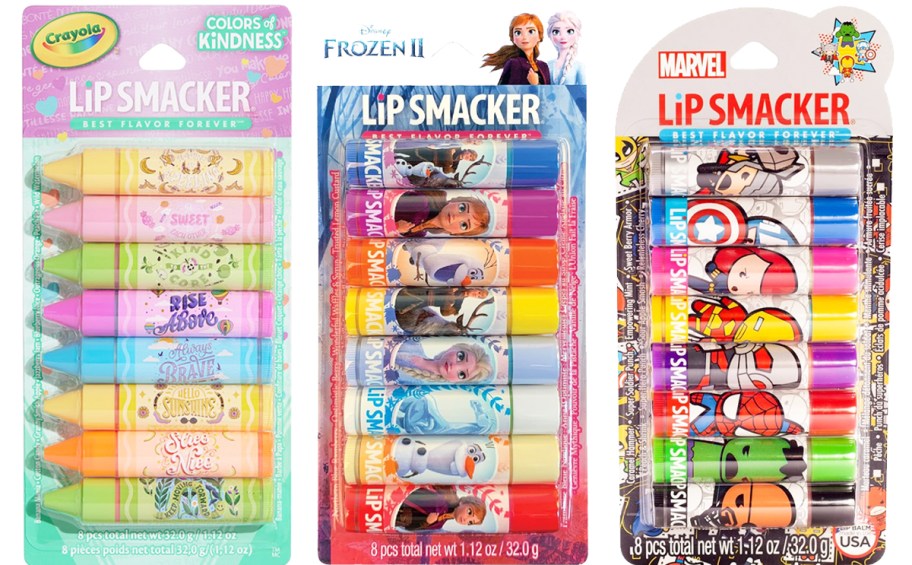 three variety packs of lip smackers balms 