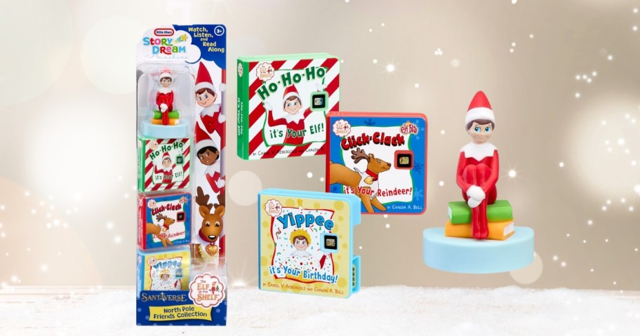 elf on the shelf little tikes toys with snowy background
