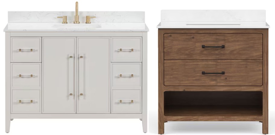 white and brown bathroom vanities