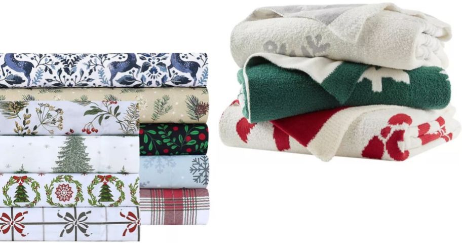 Stock images of Macy's holiday sheets and throw blankets