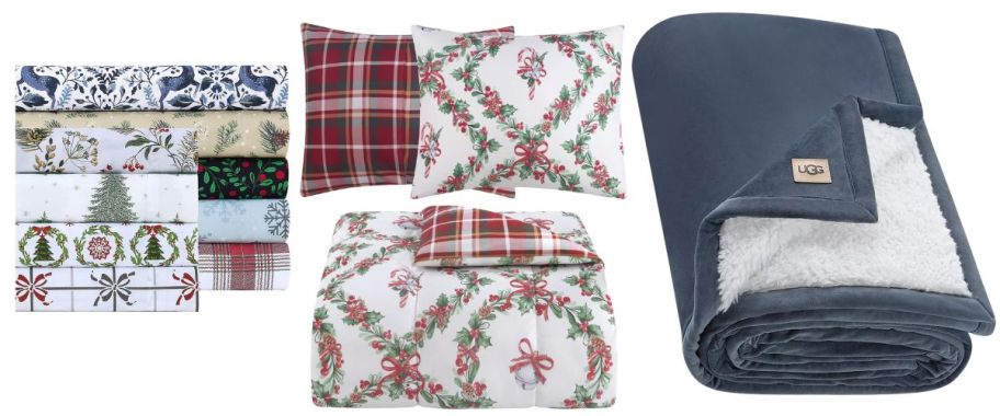 stacked sheets, comforter and pillows