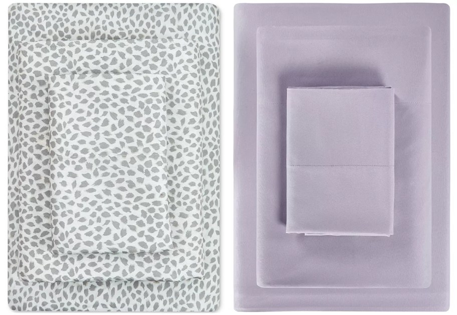 printed and solid purple sheet sets