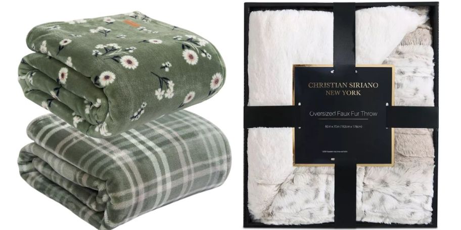 3 throw blankets: one in a box, the other in green