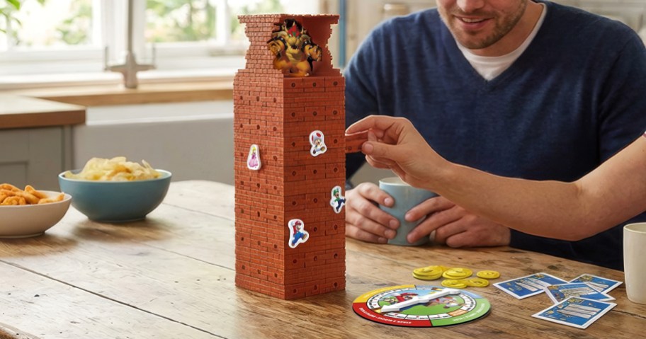Mario Jenga being played by two people