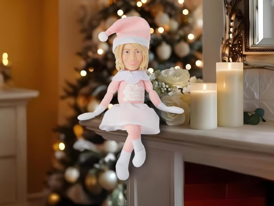 Martha Stewart themed holiday doll on a mantel