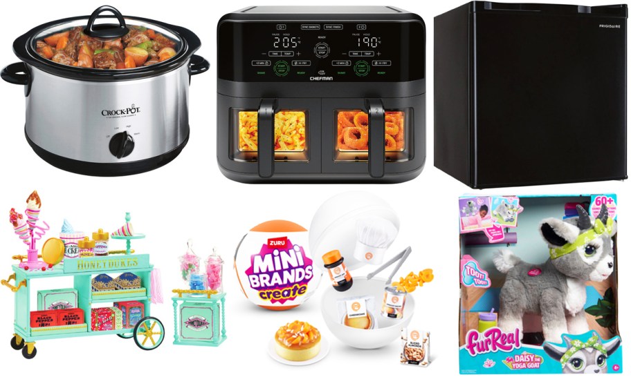 crockpot, air fryer, mini fridge, and 3 toys